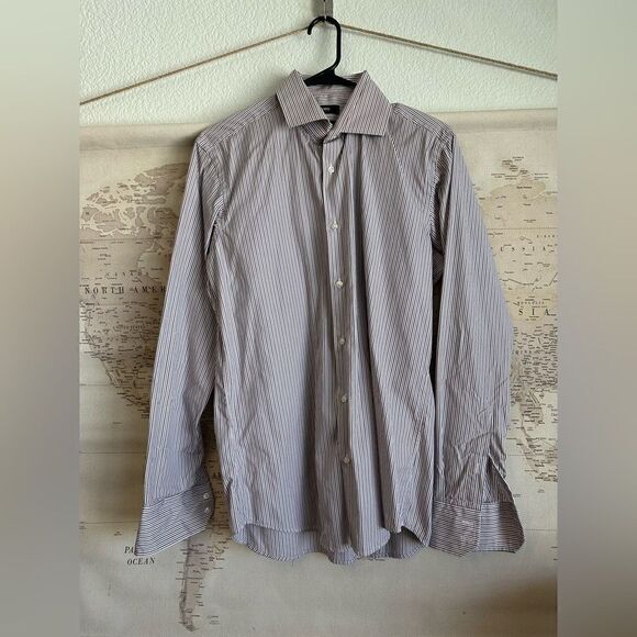 Men’s Hugo Boss Pink Grey Striped long Sleeve Button Down Shirt Medium - Picture 1 of 4